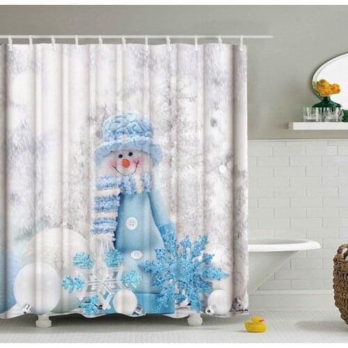 Blue Hat Snowman Santa Claus Pattern Shower Curtains Waterproof Polyester Fabric Bath Screen Curtain for Home Decoration Curtain