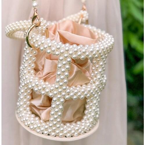 Shoulder Bag for Wedding Party Cute Purse High Quality Hollow Out Pearl Bucket Handbag Women 2021 New Elegant Hand Woven Beaded