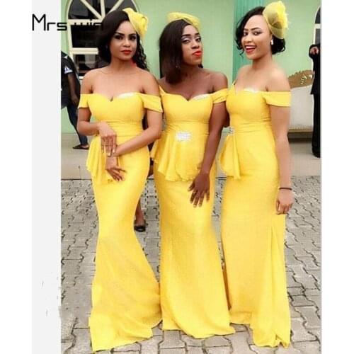 Mrs win Bridesmaid Dresses Elegant Yellow Off Shoulder Wedding Party Dresses HR302 Boat Neck Mermaid Long Vestido Madrinha 2020
