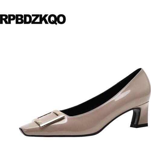 Metal Medium Heels European Square Toe Patent Leather Pumps High Block Gray Chunky Women Vintage Ladies Shoes Size 4 34 Thick