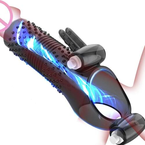 EXVOID Dick Enlarger Penis Sleeve Delay Ejaculation Forskin Cock Vibrating Ring Dual VIbrator Sex Toys For Men Erection Sex Shop
