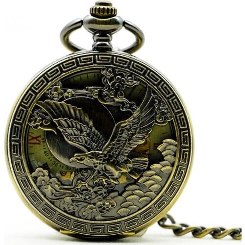 Vintage Steampunk Mechanical Pocket Watch Necklace Hand Wind Carved Hollow Fob Clock Pendant Chain For Men Women Gift