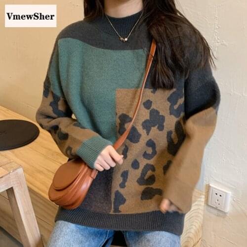 VmewSher New Autumn Winter Women Sweater Leopard Female Fashion Splice Long Sleeve O Neck Knitted Pullover Elegant Jumper Tops