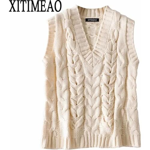 ZA Women 2020 Chic Fashion Cross Lace-up Knitted Vest Sweater Vintage V Neck Sleeveless Female Waistcoat Chic Tops