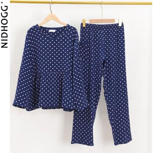 Womens Washed Texture Crepe Cotton Gauze Pajama Set Autumn Long Sleeve Trousers Pajamas V-Neck Polka Dot 2 Piece Nightwear Sets