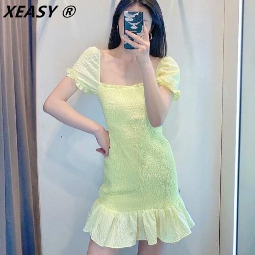 XEASY Za Dress Women Yellow Textured Short Dresses Summer 2021 Elastic Square Neck Ruffle Short Puff Sleeve Sweet Dresses