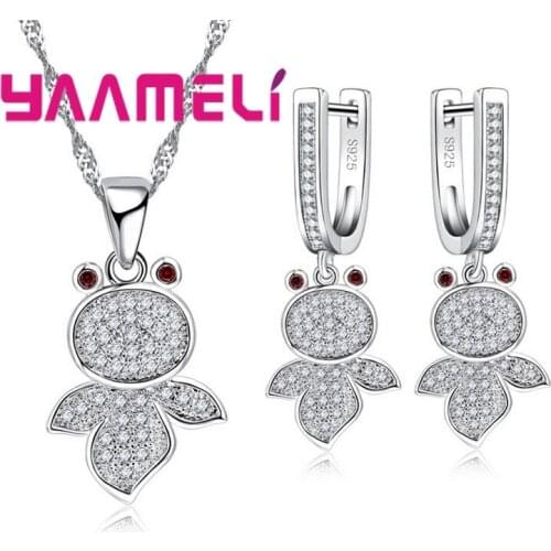 Free Shipping Ladies' Wedding Jewelry 925 Sterling Silver Fish CZ Crystal Necklace and Earrings Jewelry Set For Women