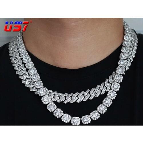 US7 10MM Clustered Diamond Tennis Chain In White Gold AAA CZ Stone Cubic Zircon Box Clasp Chokers Necklaces For Men Jewelry