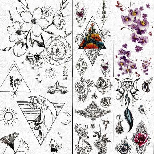 Black Geometric Triangle Surfing Fake Temporary Tattoos Small Flower Sticker Body Art Waterproof Tattoo For Women Girls Tatoos