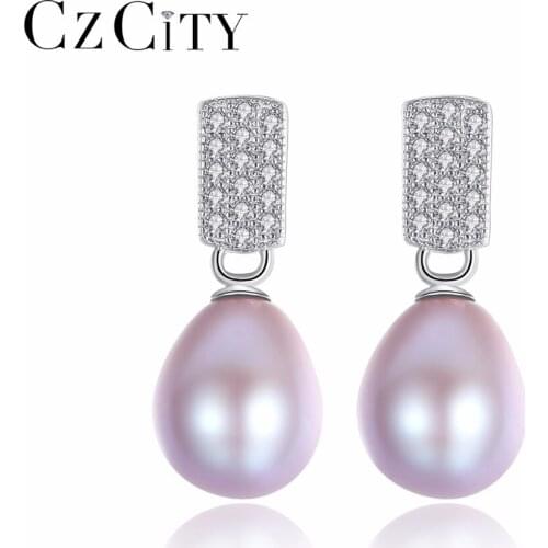 CZCITY Brand Charm 8-9mm Pearl Earring with Zircon Stone 925 Sterling Silver Pearl Drop Wedding Earrings for Women Fine jewelry