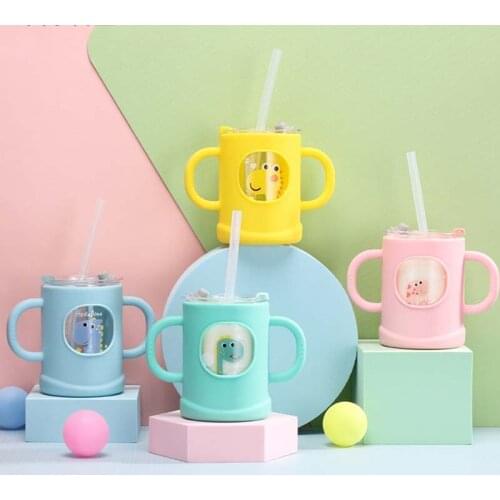 Anti-falling Baby Milk Cup with Straw Silicone Double Handle Sleeve Portable Kids Drinking Glasses Children Water Feeding Bottle