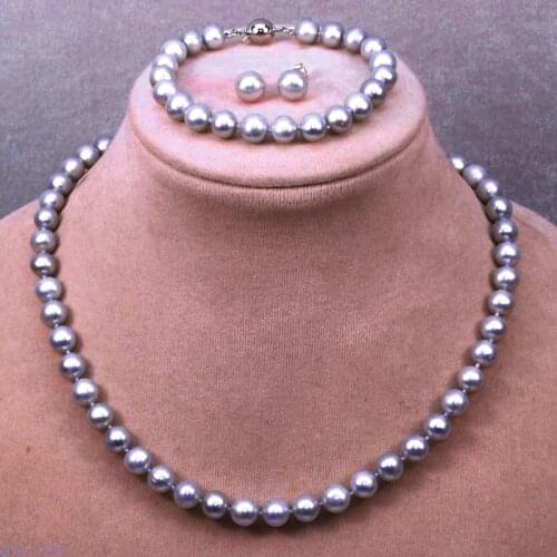 Elegant Natural 8-9mm Gray Freshwater Pearl Necklace Bracelet Earrings Set