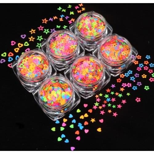 6 Box Confetti Glitter Chunky Sequins Star/Flower/Heart Shaped Flakes Fluorescent Paillette UV Gel 3D Tips For Nail Art Decor