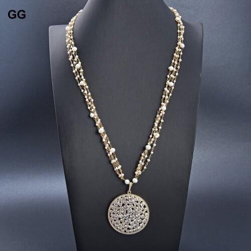 GuaiGuai Jewelry 25'' 4 Rows White Pearl Chain Necklace 50MM Cz Pave Pendant