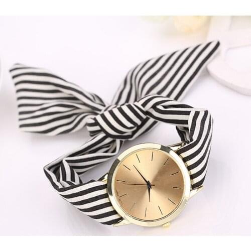 Fashion Ladies Watch Striped Floral Cloth Bow Student Quartz Round Dial Tied Hands Watch Holiday Gift Women Cloth Wrist Watch