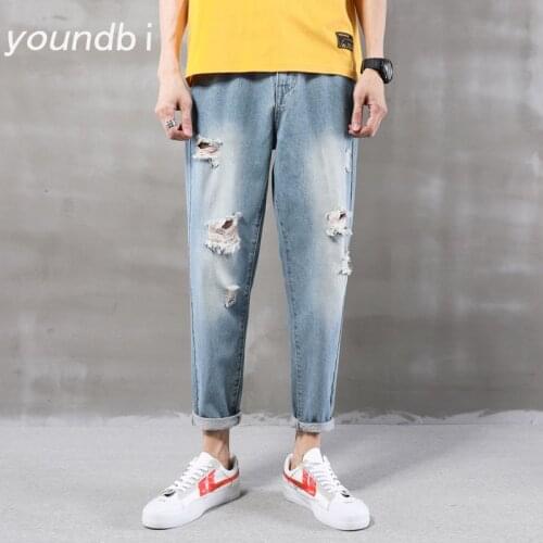 Men Jeans Ripped Jeans Men Pantsspring and Summer Korean Edition Trend Popular Harun Casual Men Pure Color Nine-Point Pant 3135