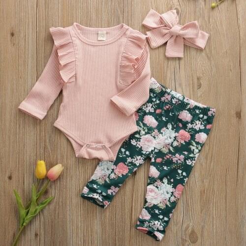 Spring Autumn Baby Clothing Baby Girls Long Sleeve T Shirts Ruffled Romper Girl Floral Leggings Newborn Headband Ribbed Outfits