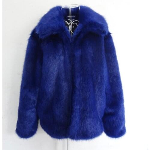 Autumn Winter Mens Blue Faux Fox Fur Warm Thick Coat Lapel Plus Size S-6XL Casual Outwear L44