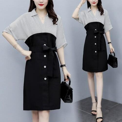 Large size striped vestidos de festa stitching fashion midi dress loose fake two-piece shirt dress Clothes for Women