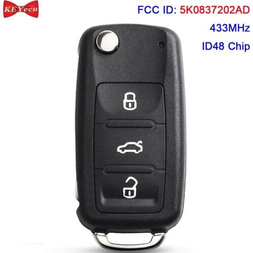 KEYECU for Seat Altea Ibiza Leon for Volkswagen UP Bettle Caddy Golf Jetta Passat Touran Remote Key Fob 5K0837202AD 433MHz ID48