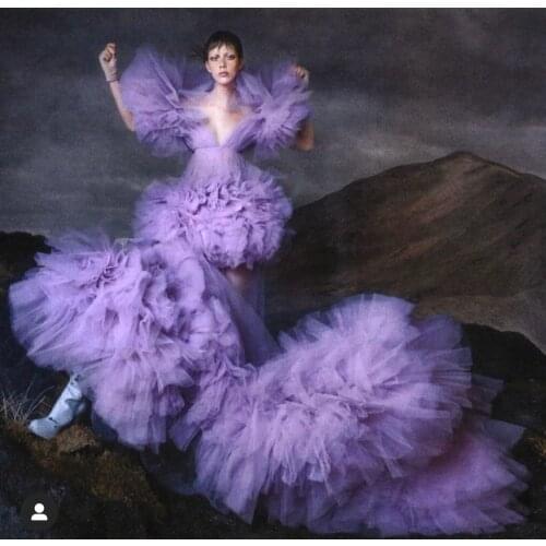 Puffy Purple Violet Prom Gowns Long Tulle Mermaid Tiered Party Dresses With Train Costume Wear vestido de fiesta abiye