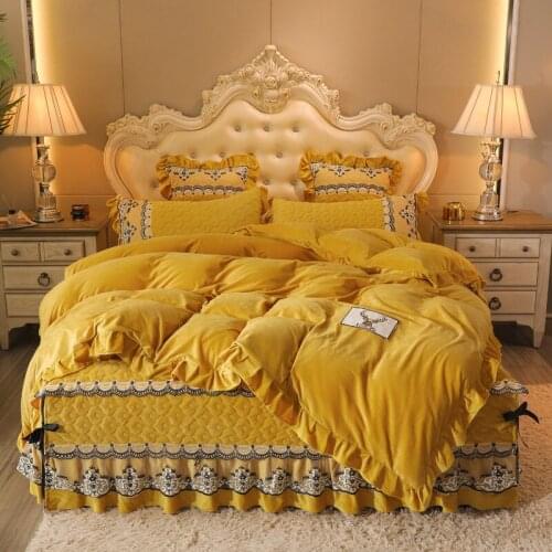 Luxury Warm Velvet Flannel Fleece Princess Bedding Set Double Duvet Cover Set Thicken Quilted Lacing Lace Bed Skirt Pillowcases
