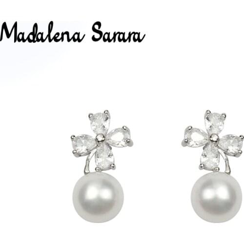 MADALENA SARARA AAA 7-8mm Freshwater Pearl Women Earrings Sterling Silver S925 Little Flower Earrings Cubic Zirconia Inlaid