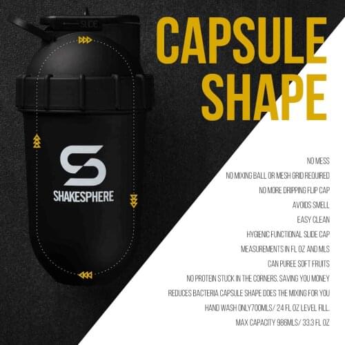 ShakeSphere Tumbler View: Protein Shaker Bottle with Side Window, 24oz ● Capsule Shape Mixing ● Easy Clean Up ● No Blending Ball