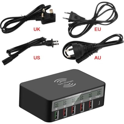 H05A Universal 7-in-1 Type C Qi Wireless Charger 5x USB QC 3.0 Fast Charge With LCD Voltage Current Display For iphone