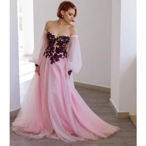 Evening Dress 2020 Pink Off Shoulder Long Sleeve Puff With Court Train Lace Appliques Women Party Gowns Graceful Custom Made