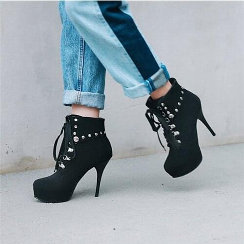 YMECHIC Womens Flock Cross Tied Rivets Punk Rock Gothic Shoes Extreme Thin High Heels Platform Ankle Boots Plus Size Winter Shoe