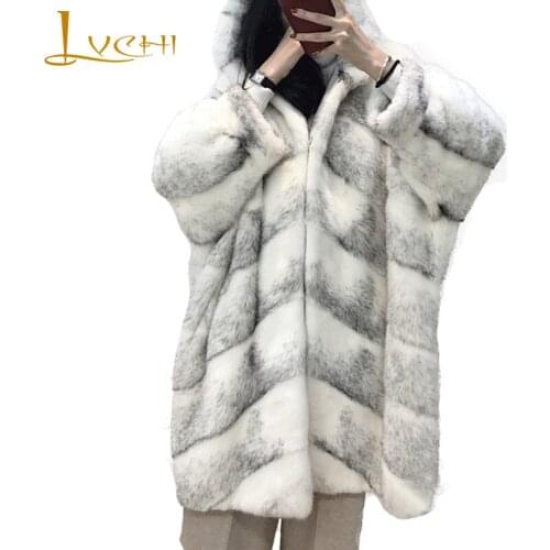 LVCHI Winter 2019 Womens Cross Mink Coat Natural Fur Long Sleeve Hat Mink Coat Medium With Fur Hood Loss Imported Mink Fur Coat