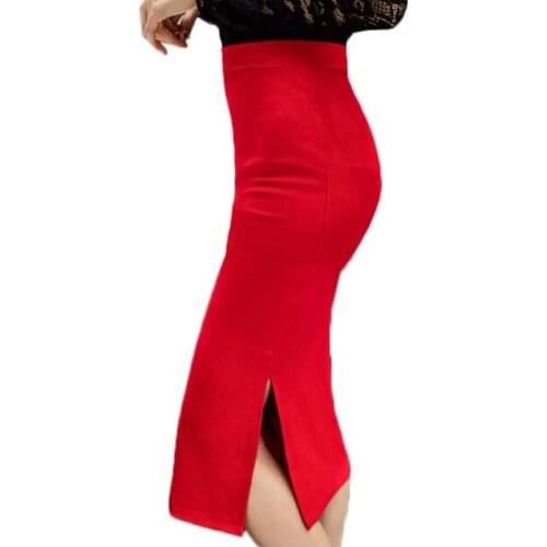 5XL Plus Size Tight Woman Pencil Skirt 2017 Vintage Knee Length High Waist Casual Bodycon Skirt Elegant Open Slit Ladies Skirts