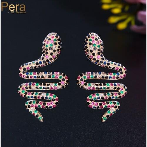 Pera Personality Distorted Snake Colorful CZ Gold Color Long Symmetrical Animal Earrings for Women Brincos European Jewelry E783
