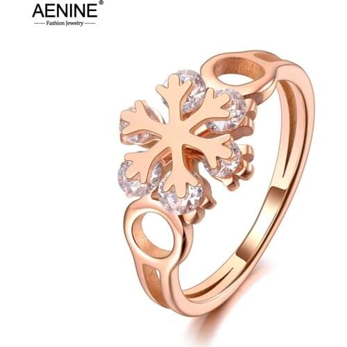 AENINE Fashion Titanium Stainless Steel CZ Crystal Snowflake Engagement Party Rings For Women Girls Jewelry Anillo AR20061