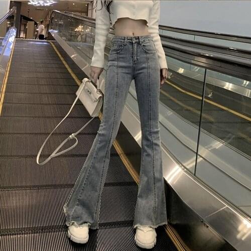 Light Blue Straight Jeans Women Spring And Autumn 2021 New Trendy Tight-fitting High-waisted Slimming Burrs Flared Trousers