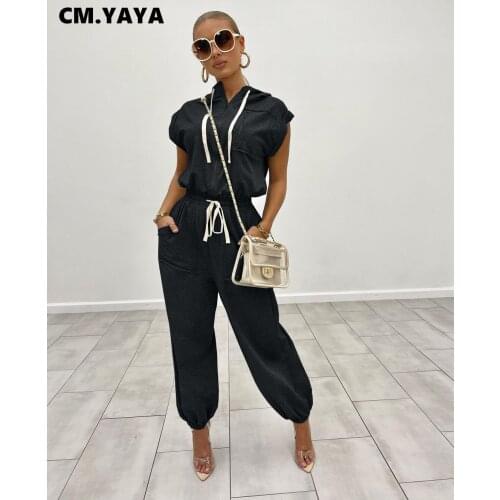 CM.YAYA Women Set Solid Short Sleeve Zip Hooded Collar Hoodies Tops Pockets Loose Pants Two 2 Piece Sets Outfit Tracksuit Autumn