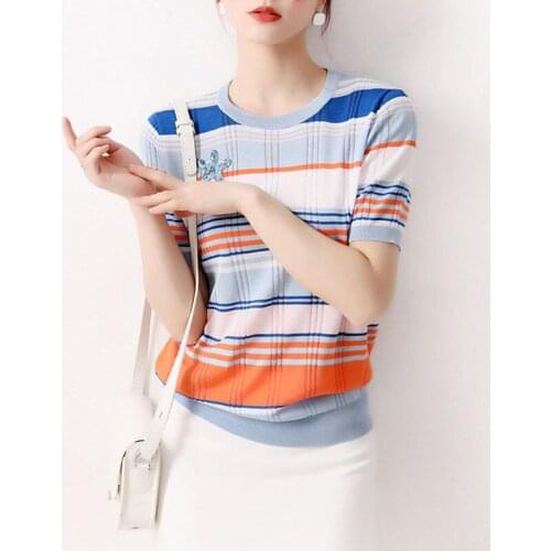 Summer Rainbow Stripe Ice Silk Knit Tops Women O Neck Aesthetic Tees Loose T Shirt Short Sleeve Mujer Camisetas Hit Color Crop