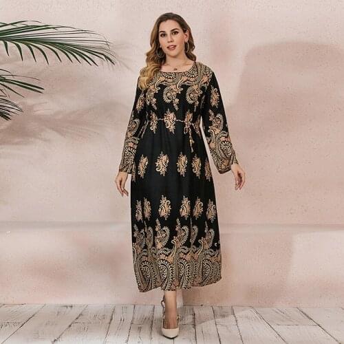 DOIB Women Muslim Long Dress Floral Print Malaysia Full Sleeve Plus Size Dreess Vintage 2021 Office Lady Dress