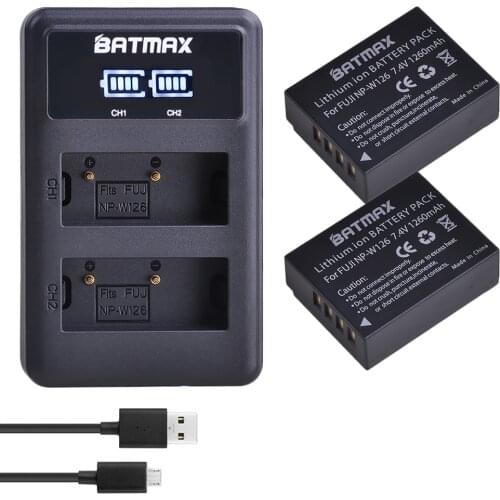 2Pcs NP-W126 NP W126 NPW126 Battery + LED USB Charger for Fujifilm FinePix HS30EXR HS33EXR HS50EXR X-A1 X-E1 X-E2 X-M1 X-Pro 1