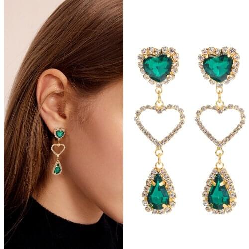 2PCS New Korean TV Star Elegant Crystal Long Heart Trassel Drop Earrings For Women Circle Water Drop Oorbellen Party Jewery