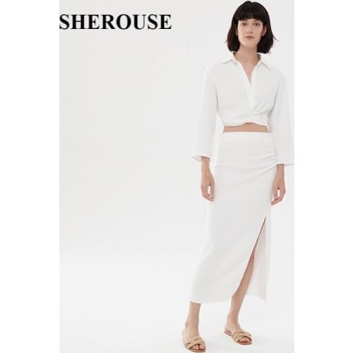 2021 Two Pieces Set Women Pleated Crop Tops and Slit Midi Skirts Suit Fashion Casual Chic Lady Woman Outfit Dress Sets Summer