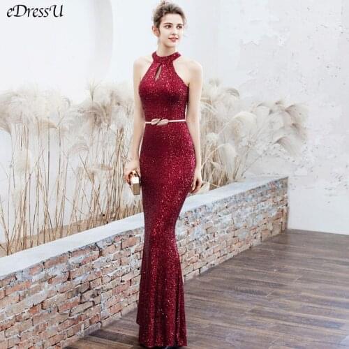 Glitter Evening Dress Sexy Mermaid Sequins Dress Burgundy Formal Party Dress Elegant Vestido de Fiesta Robe de Soiree YNY-16229