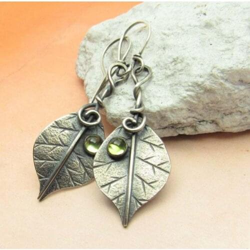 Bohemian Plant Leaves Earrings Vintage Jewelry Thai Silver Color Carved Metal Green Beads Stone Drop Dangle Earring