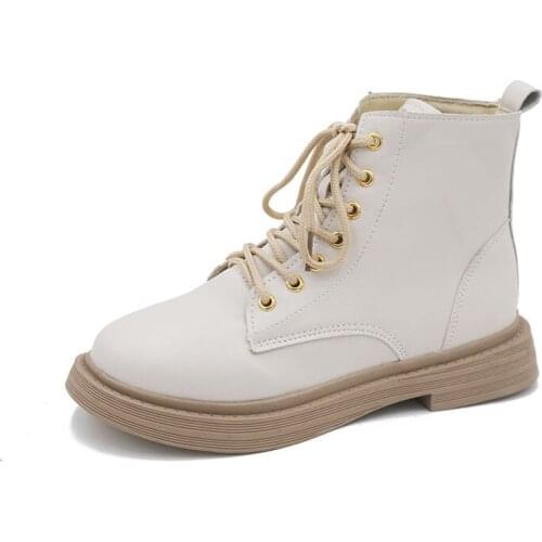 Leather Ankle Boots Women Autumn Winter Lady Low Square Heels Cross Strap Shoes G221 Woman Lace Up Black Beige Motorcycle Boots