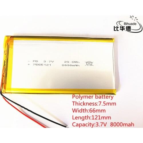 2pcs 3.7V,8000mAH,7566121 PLIB polymer lithium ion / Li-ion battery for GPS,mp3,mp4,mp5,dvd,bluetooth,model toy mobile bluetooth