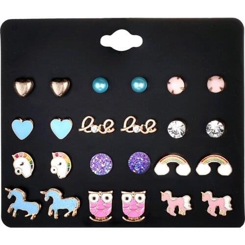 Hot Fashion Cute Women Girls Earring Set 12/24PRS/SET Mixed Unicorn Animals Rainbow Pearl Crystals Girls Trendy Stud Earrings