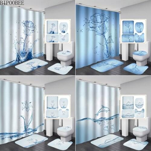 Water Rose Flower Bathroom Shower Curtain and Rug Sets Home Decor Fabric Bath Curtains Toilet Cover Mat Non-Slip Carpet