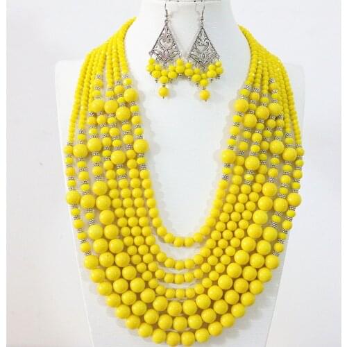 Yellow lemon 7 rows necklace earrings round imitation shell baking paint glss crystal abacus beads handmade jewelry set B1297