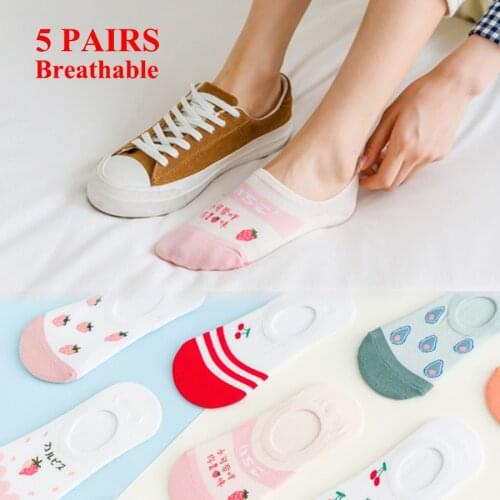 5 Pairs/Set Funny No Show Socks for Women Cute Kawaii Fruit Letter Pattern Avocado Cherry Non-slip Thin Harajuku Soft Cotton